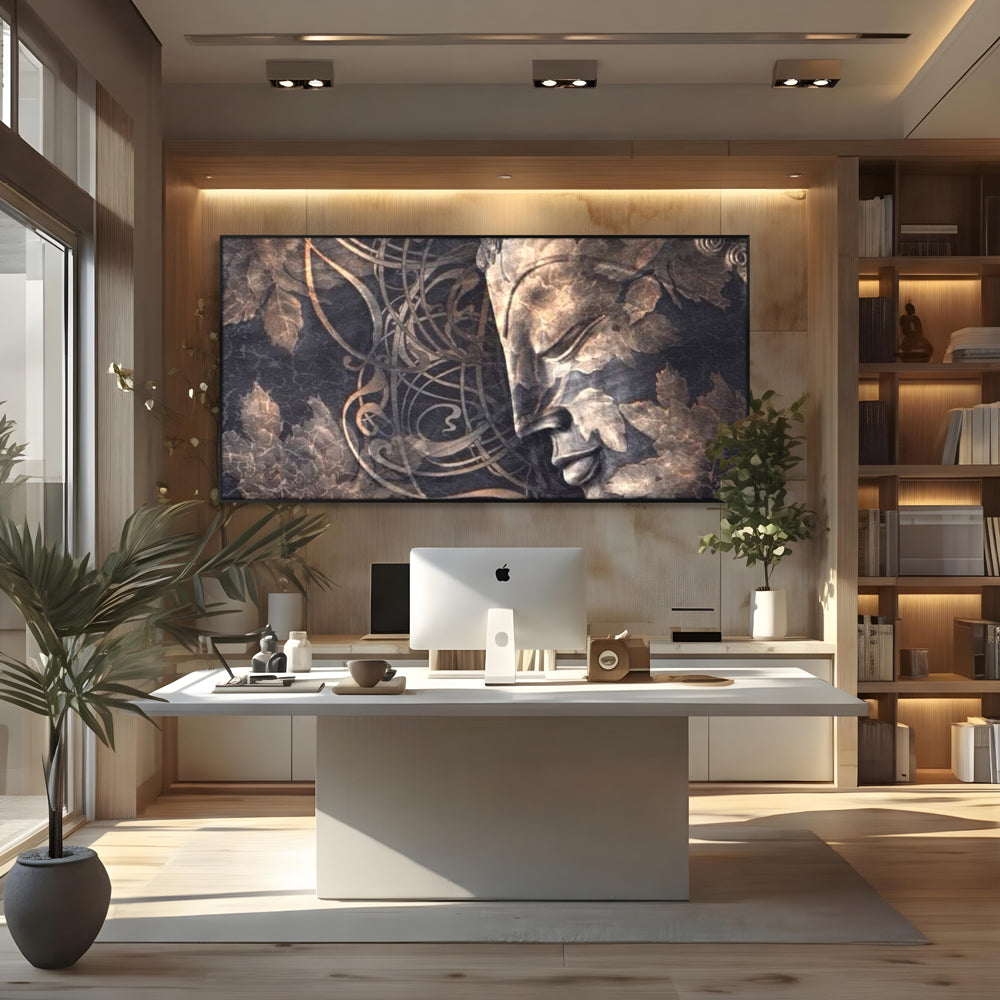 Tablou canvas cu tablou canvas cu profil de buddha, in rama de aluminiu negru, pe perete intr-un birou